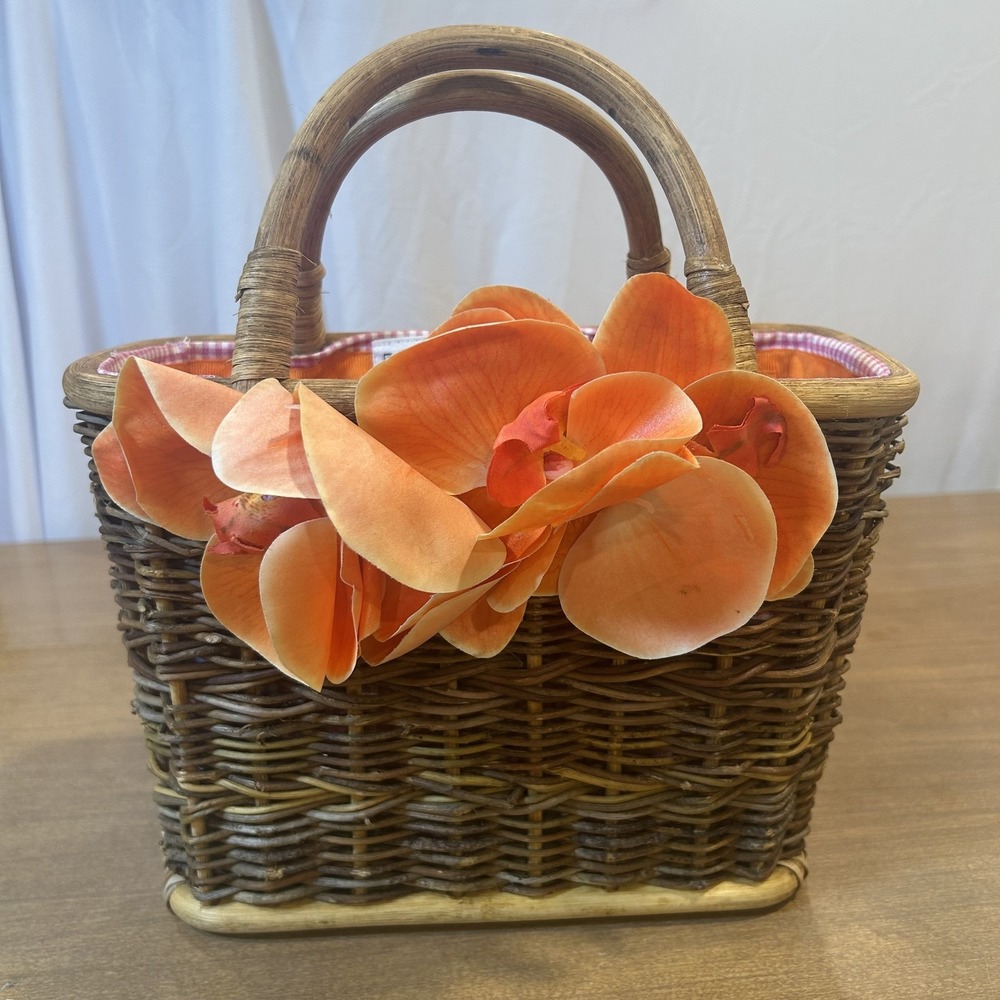 Gretchen Scott Top Handle Bag Womens Small Brown Wicker Orange Flower Purse